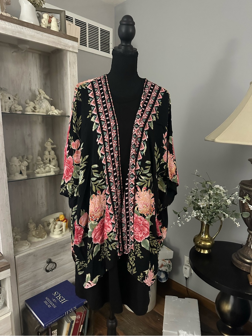 Mud Pie Dress and Black Kimono Jacket with Pink Floral Embroidery